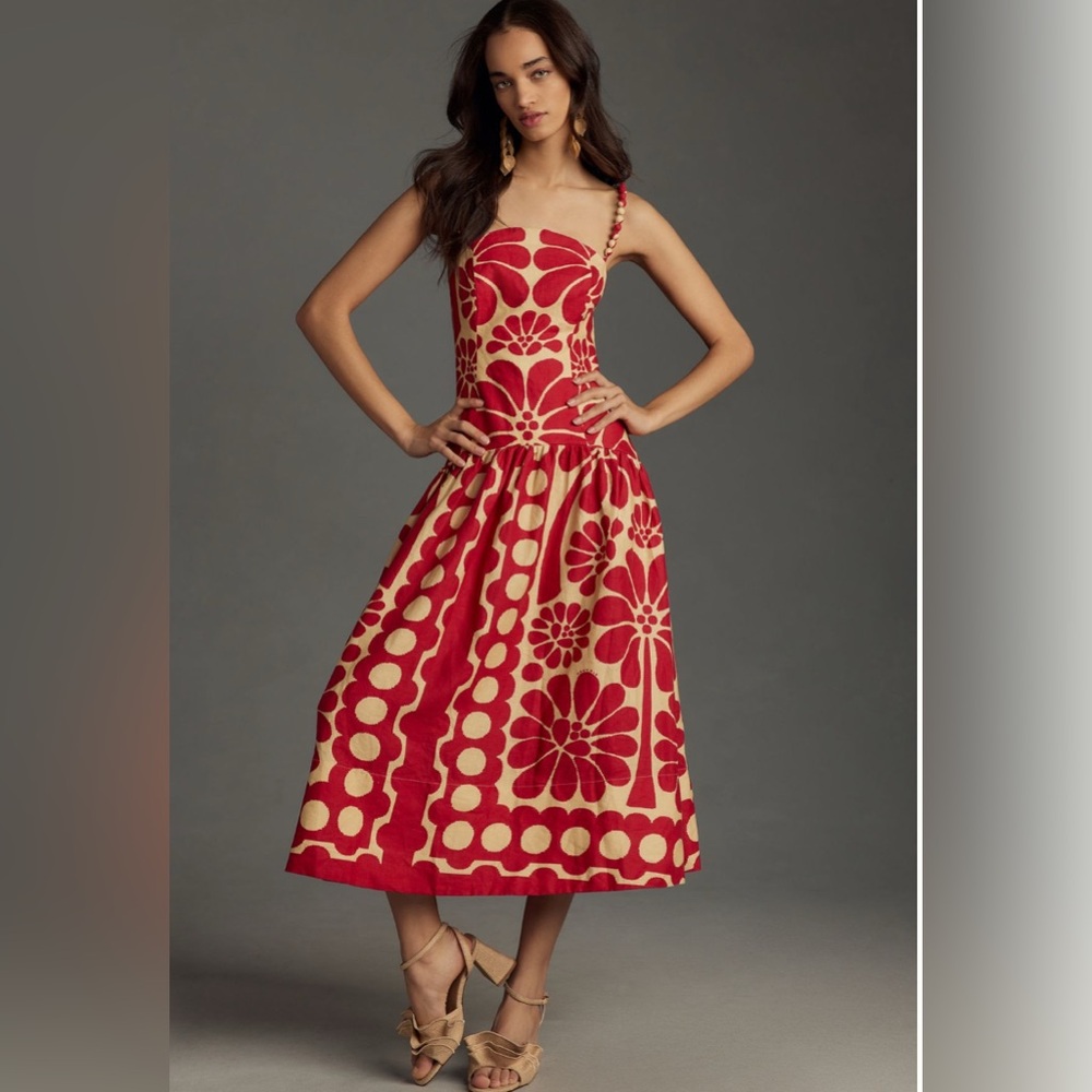 FARM Rio Red and Cream Floral Midi Dress